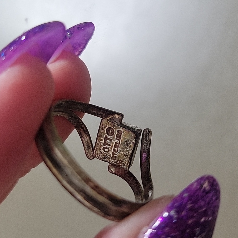 Ted Ott Sterling Silver & Red Pink Speckle Jewel Ring Mid Century Modern Vintage - Picture 13 of 17